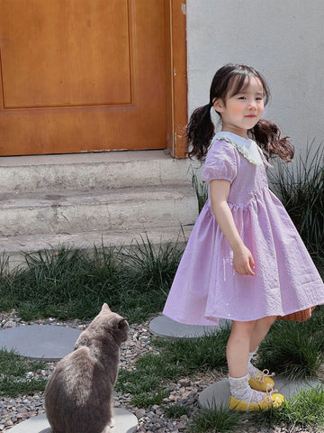 Girls' Casual Short Sleeve Turn-Down Collar Thin Spring/Summer Dress