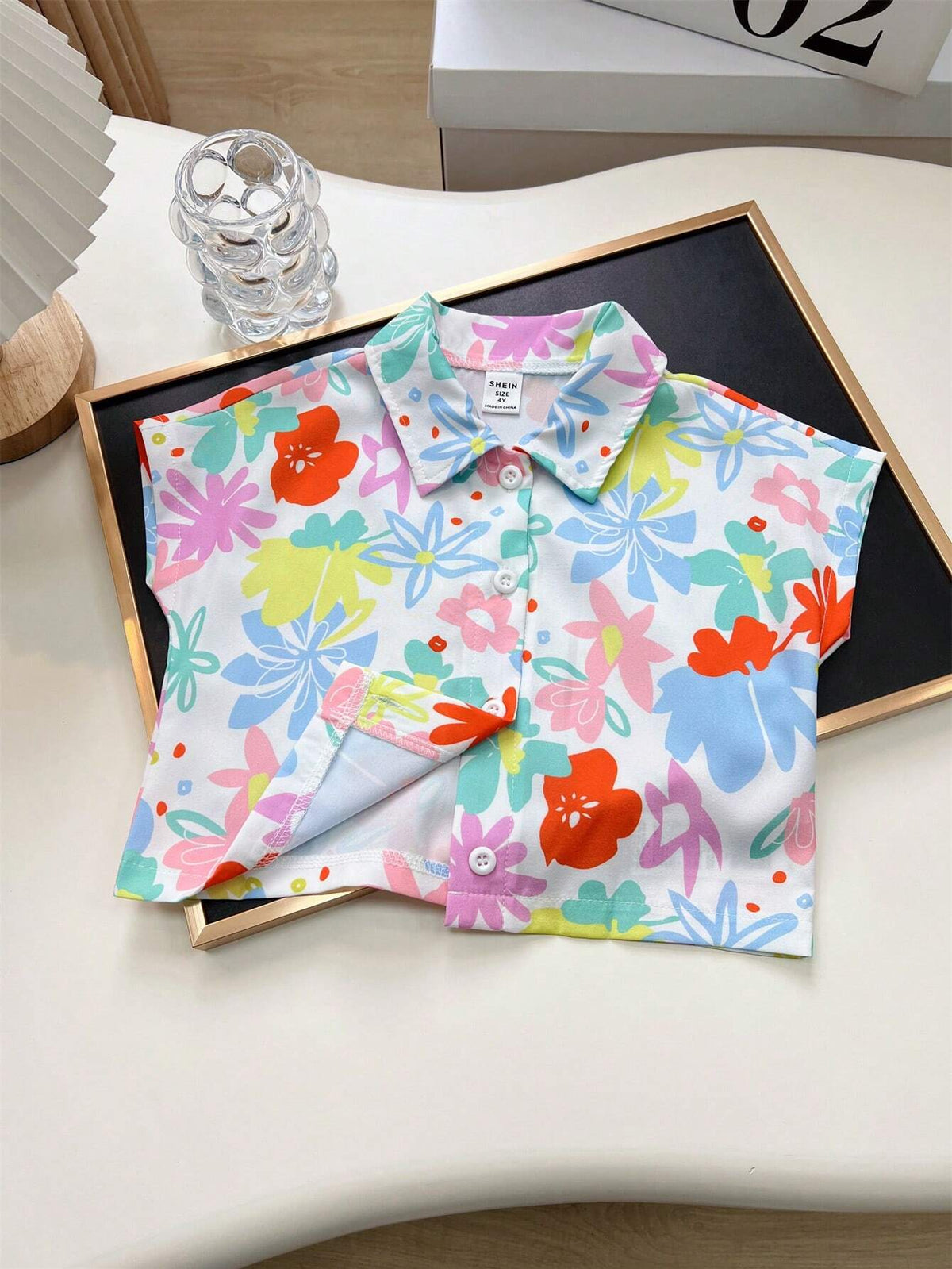 Girls' Casual Short Slim Fit Turn-Down Collar Shirt With Colorful Flowers Print, Summer