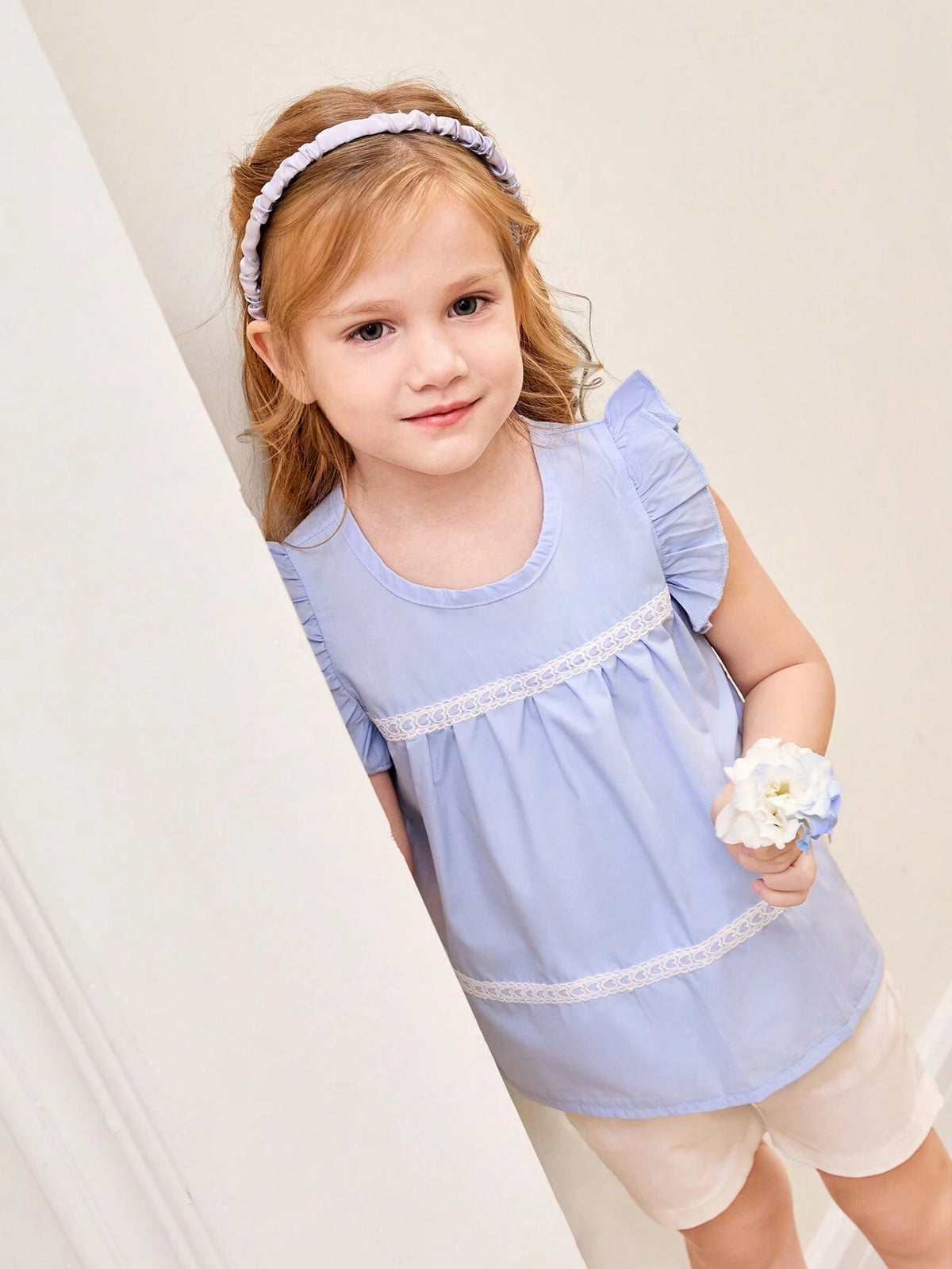 Girls' Casual Simple Round Neck Batwing Sleeve Loose Shirt With Heart-Shaped Lace Trim For Summer