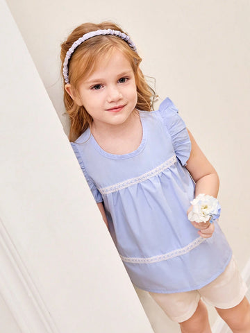 Girls' Casual Simple Round Neck Batwing Sleeve Loose Shirt With Heart-Shaped Lace Trim For Summer