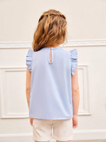 Girls' Casual Simple Round Neck Batwing Sleeve Loose Shirt With Heart-Shaped Lace Trim For Summer