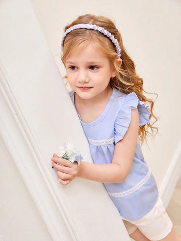 Girls' Casual Simple Round Neck Batwing Sleeve Loose Shirt With Heart-Shaped Lace Trim For Summer