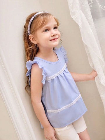 Girls' Casual Simple Round Neck Batwing Sleeve Loose Shirt With Heart-Shaped Lace Trim For Summer