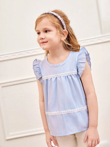 Girls' Casual Simple Round Neck Batwing Sleeve Loose Shirt With Heart-Shaped Lace Trim For Summer