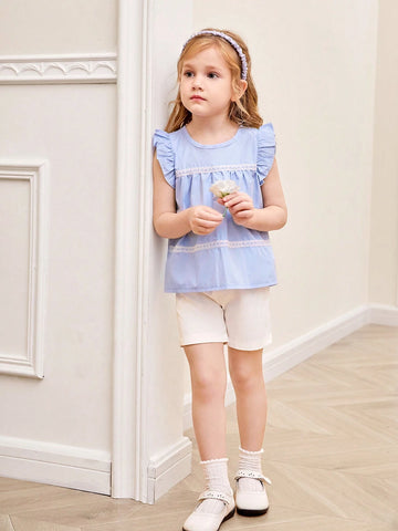 Girls' Casual Simple Round Neck Batwing Sleeve Loose Shirt With Heart-Shaped Lace Trim For Summer