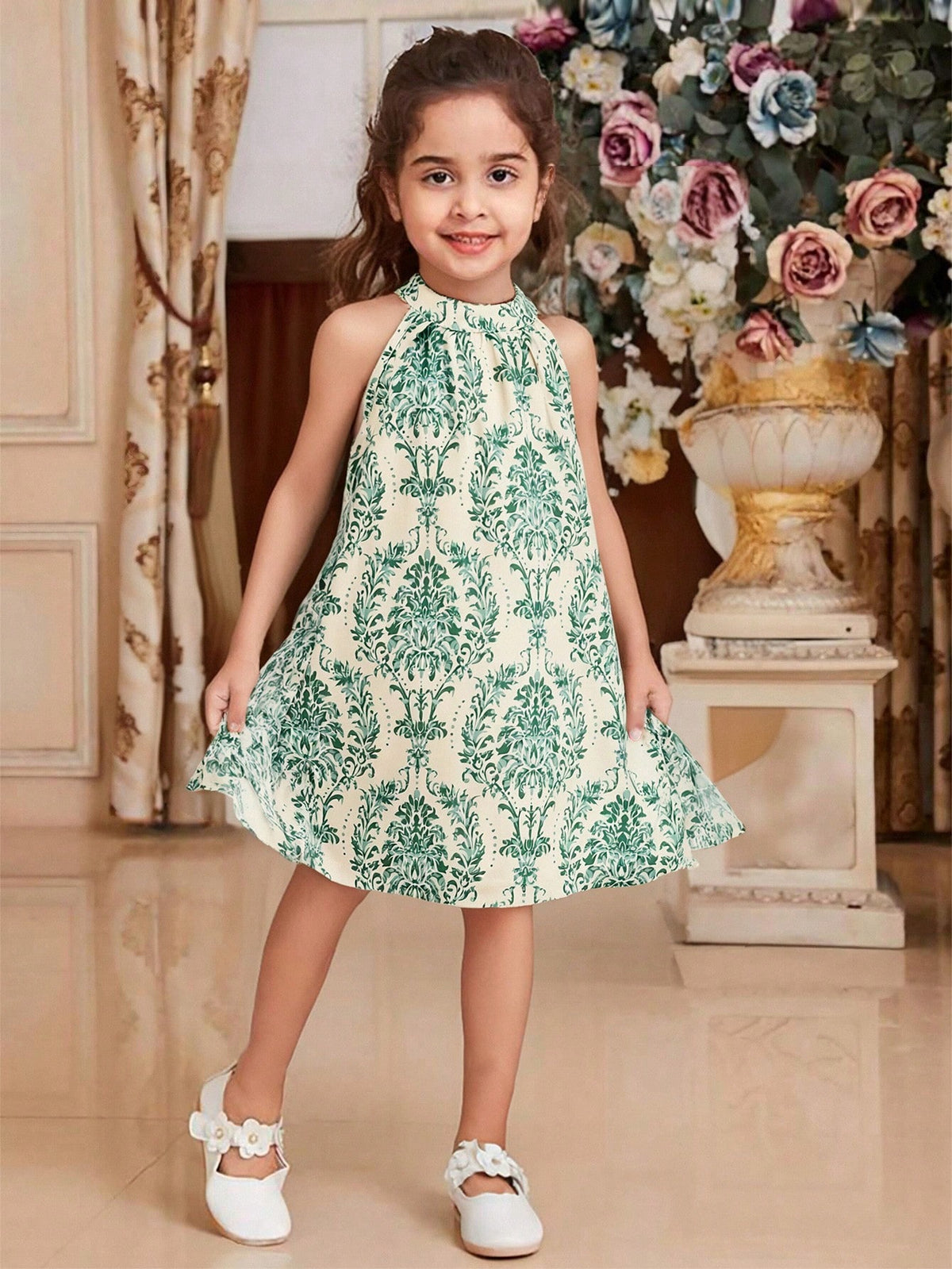 Girls Casual Sleeveless Beach Tropical Flower Print A-Line Loose Fit Short Sundress For Summer