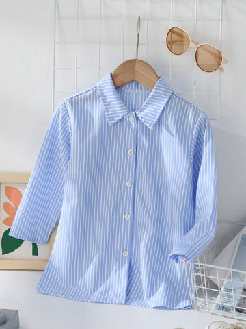 Girls' Casual Slim Fit Stripe Shirt With Turn-Down Collar And Drop Shoulder Long Sleeve