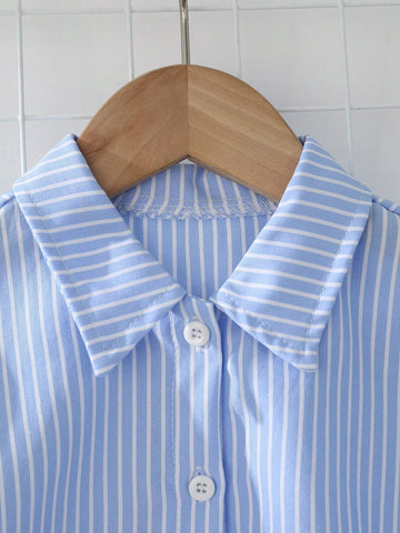Girls' Casual Slim Fit Stripe Shirt With Turn-Down Collar And Drop Shoulder Long Sleeve