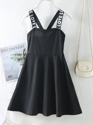 Girls' Casual Solid Color A-Line Dress With Letter Print Shoulder Straps