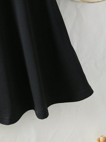 Girls' Casual Solid Color A-Line Dress With Letter Print Shoulder Straps