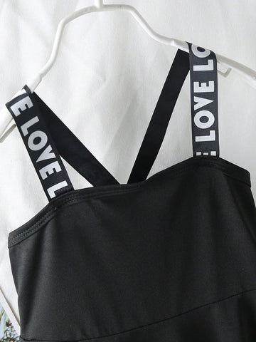 Girls' Casual Solid Color A-Line Dress With Letter Print Shoulder Straps