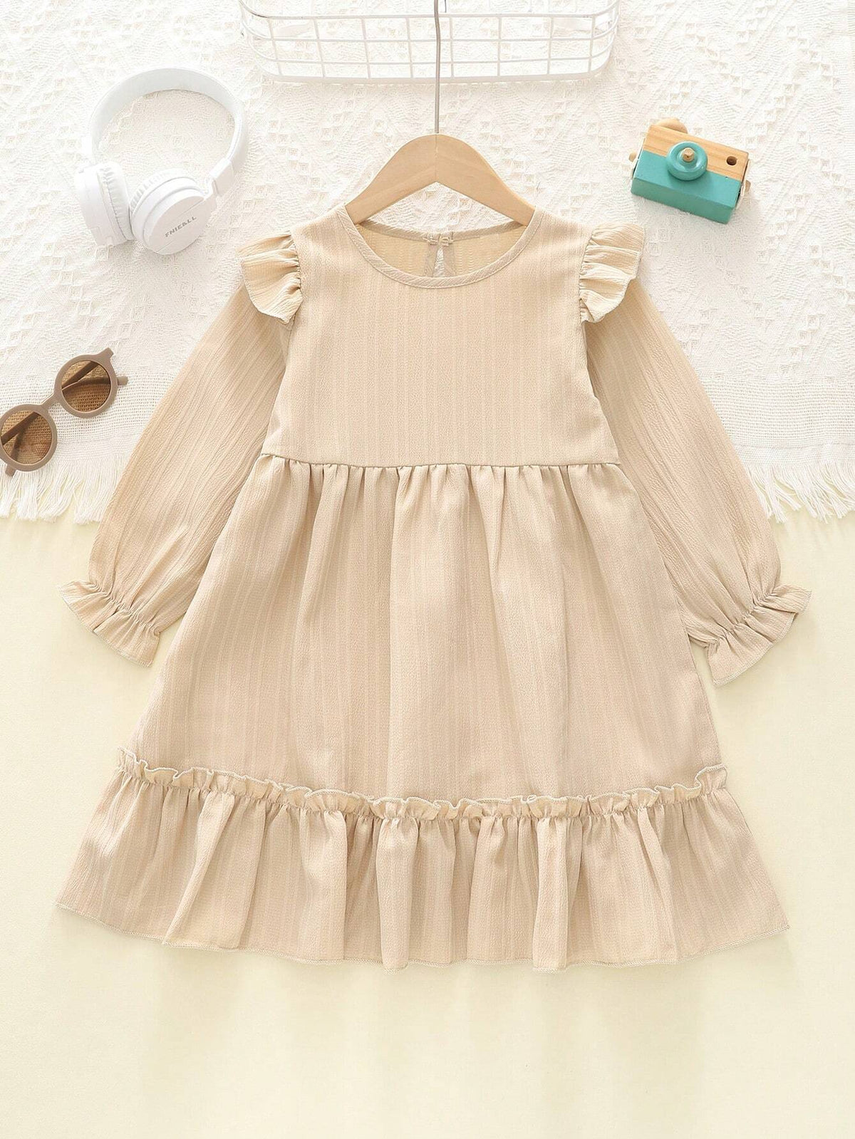Girls Casual Solid Color Crew Neck Ruched Hem Long Sleeve Princess Dress, Autumn
