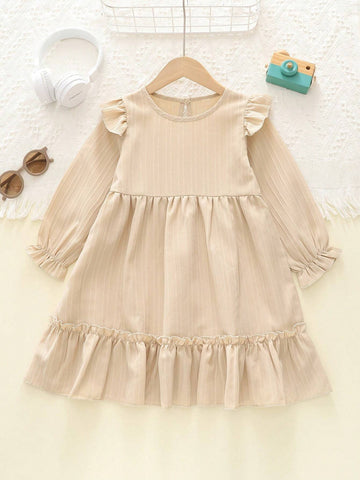 Girls Casual Solid Color Crew Neck Ruched Hem Long Sleeve Princess Dress, Autumn