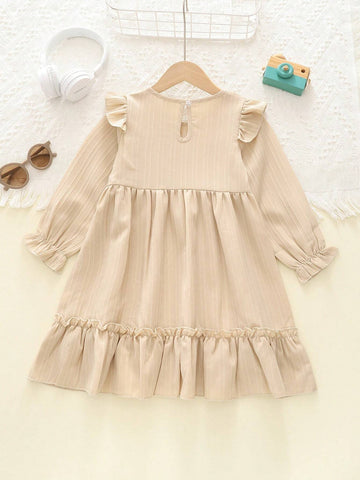 Girls Casual Solid Color Crew Neck Ruched Hem Long Sleeve Princess Dress, Autumn