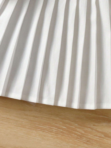 Girls Casual Solid Color Mandarin Collar Long Sleeve Pleated Dress, For Daily Wear