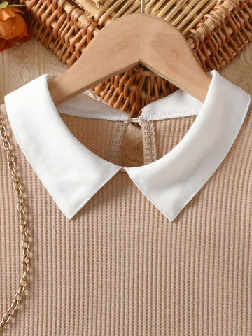 Girls Casual Solid Color Mandarin Collar Long Sleeve Pleated Dress, For Daily Wear