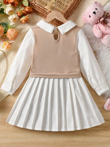Girls Casual Solid Color Mandarin Collar Long Sleeve Pleated Dress, For Daily Wear