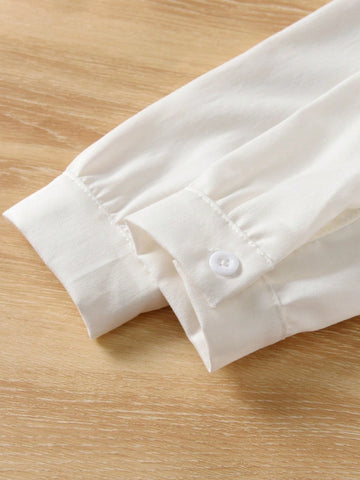 Girls Casual Solid Color Mandarin Collar Long Sleeve Pleated Dress, For Daily Wear
