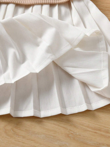 Girls Casual Solid Color Mandarin Collar Long Sleeve Pleated Dress, For Daily Wear