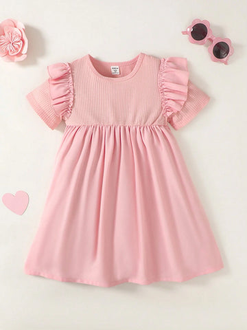 Girls Casual Solid Pink Long Sleeve Dress