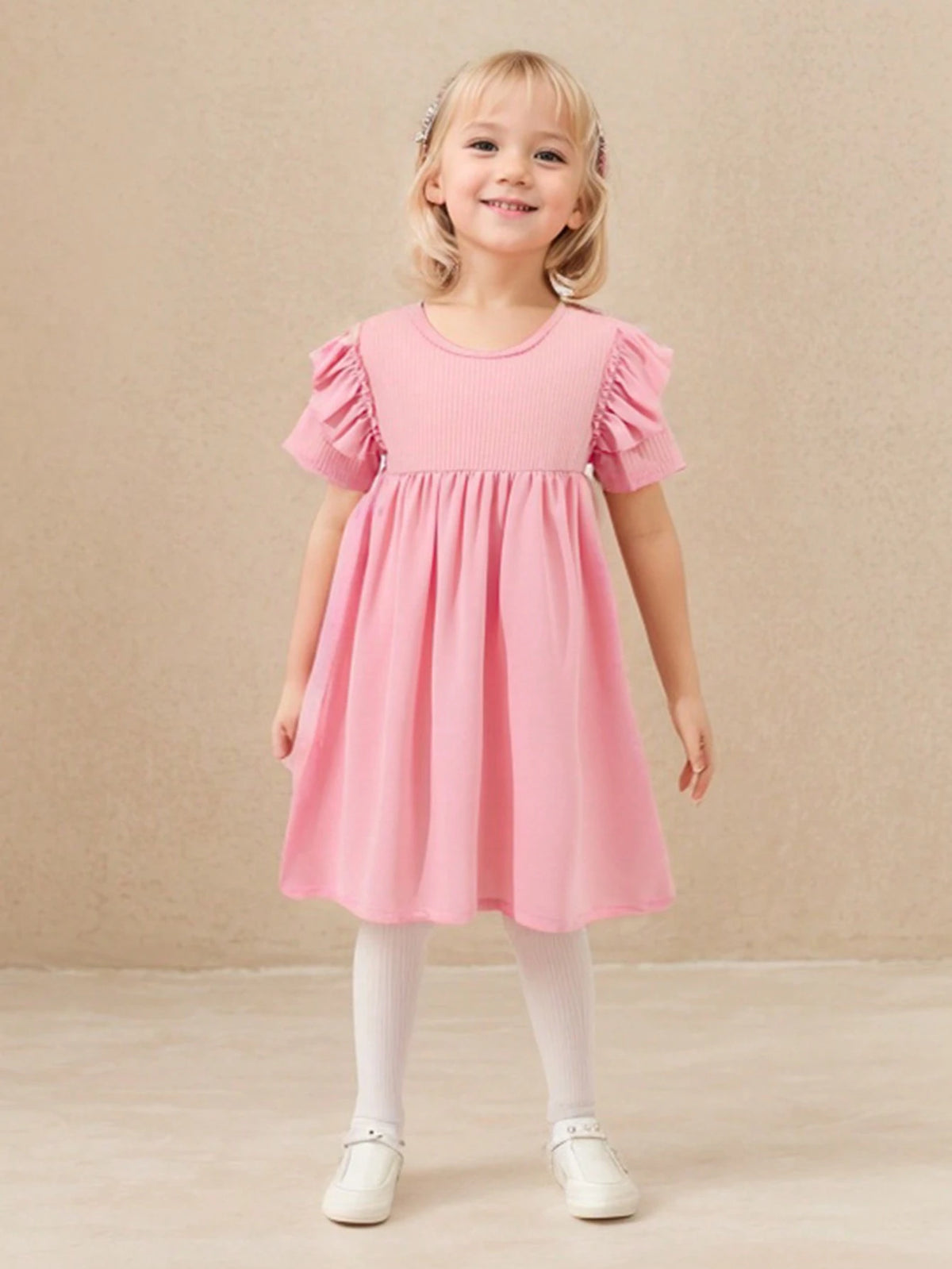 Girls Casual Solid Pink Long Sleeve Dress