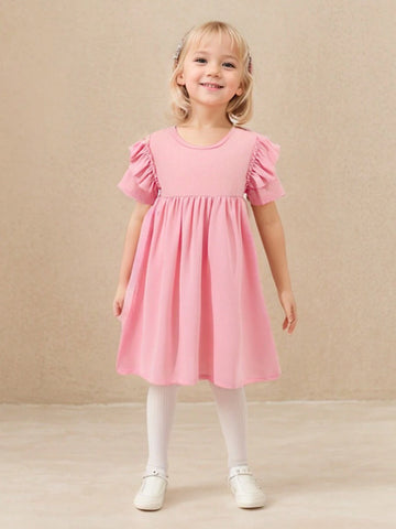 Girls Casual Solid Pink Long Sleeve Dress