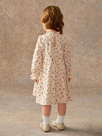 Girls' Casual Stand Collar Frill Trim Ditsy Floral Corduroy Dress, Spring & Fall