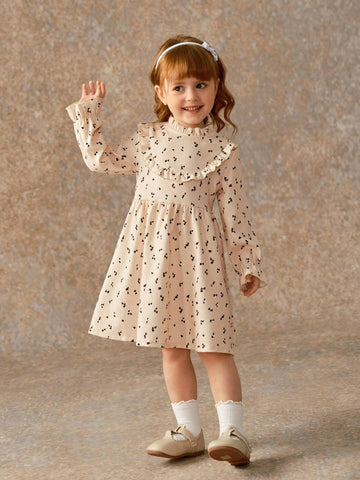 Girls' Casual Stand Collar Frill Trim Ditsy Floral Corduroy Dress, Spring & Fall