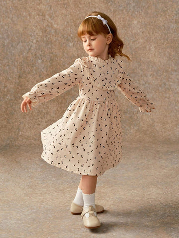 Girls' Casual Stand Collar Frill Trim Ditsy Floral Corduroy Dress, Spring & Fall