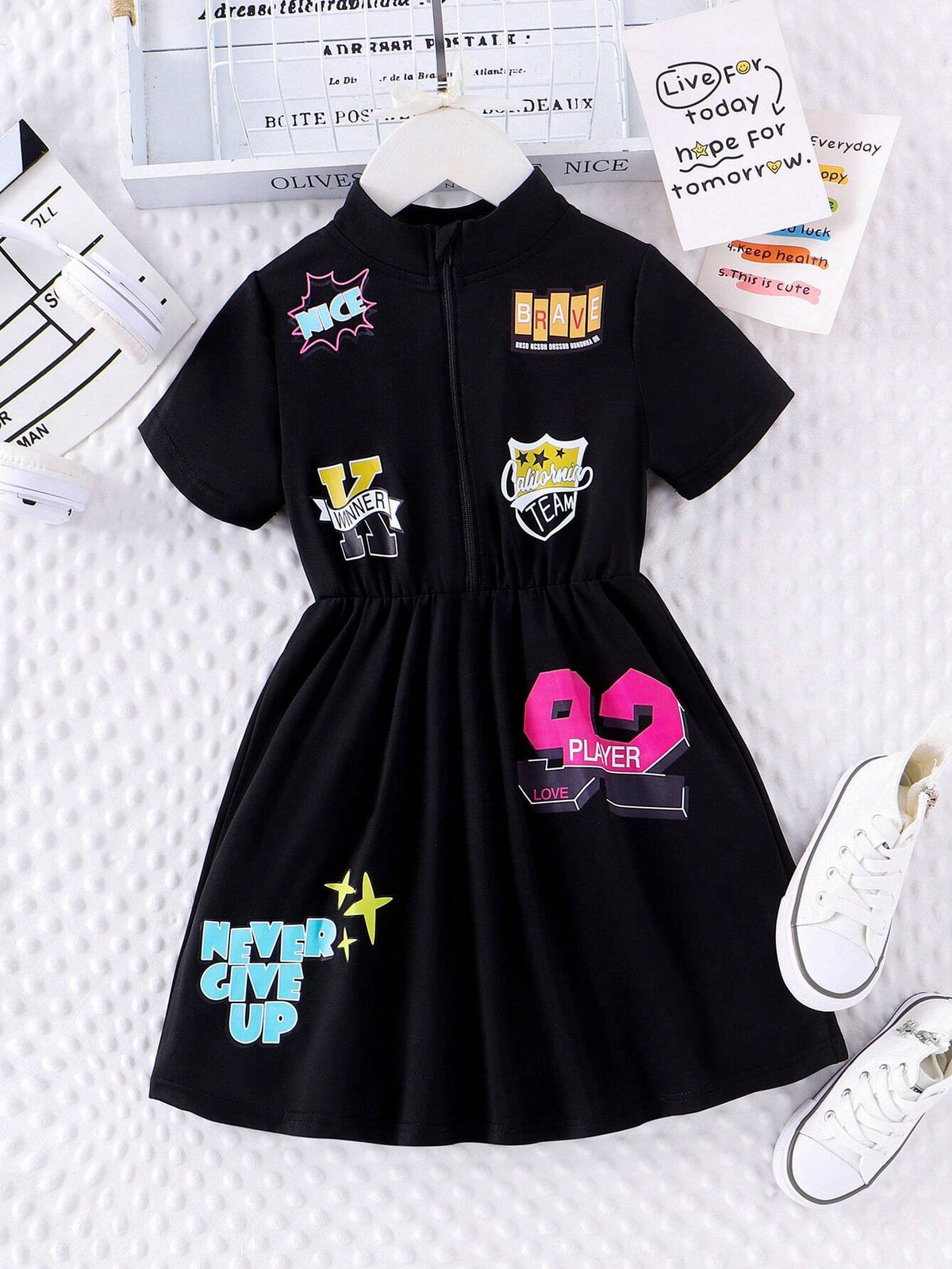 Girls' Casual Street Style Basketball Match Stamp Print Mini Dress