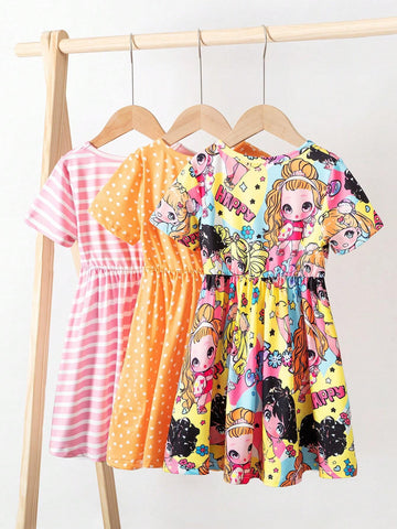 Girls' Casual Striped Heart Printed Short Sleeve Dress Set, Summer