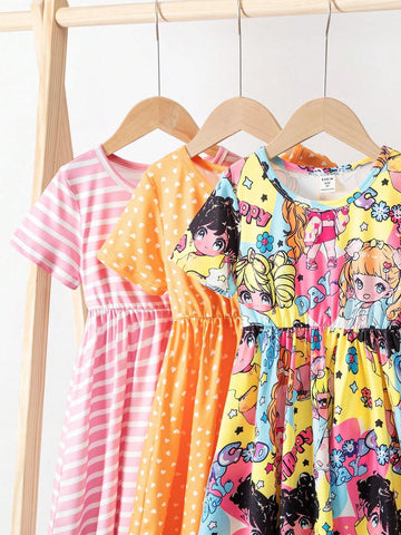 Girls' Casual Striped Heart Printed Short Sleeve Dress Set, Summer