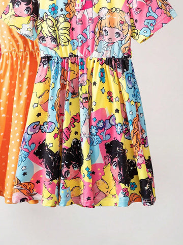 Girls' Casual Striped Heart Printed Short Sleeve Dress Set, Summer