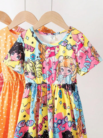 Girls' Casual Striped Heart Printed Short Sleeve Dress Set, Summer