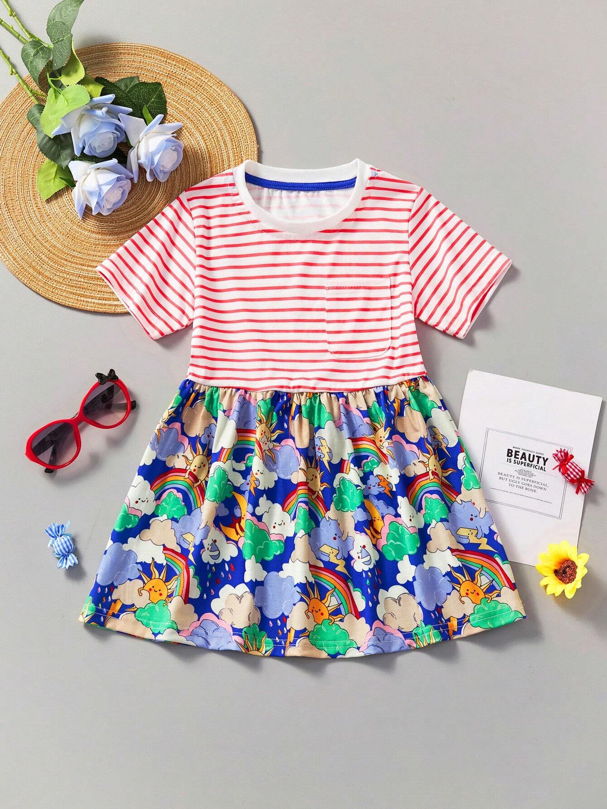 Girls' Casual Striped Short Sleeve Dress, Cartoon Rainbow Print, Breathable Design For Summer Outings