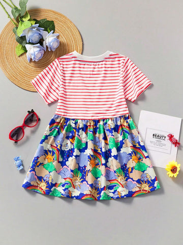 Girls' Casual Striped Short Sleeve Dress, Cartoon Rainbow Print, Breathable Design For Summer Outings