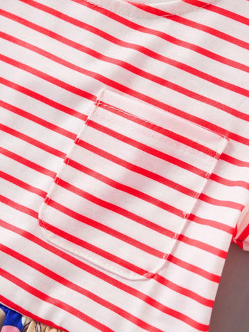 Girls' Casual Striped Short Sleeve Dress, Cartoon Rainbow Print, Breathable Design For Summer Outings