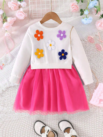Girls Casual Stylish Round Neck Raglan Sleeve Colorful Floral Graphic Fun Sweatshirt Dress With Mesh, Spring/Autumn