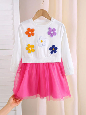 Girls Casual Stylish Round Neck Raglan Sleeve Colorful Floral Graphic Fun Sweatshirt Dress With Mesh, Spring/Autumn