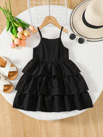 Girls' Casual Textured Layered Cake Hem Slip Dress, Versatile Street-To-Beach Wear