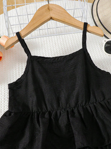Girls' Casual Textured Layered Cake Hem Slip Dress, Versatile Street-To-Beach Wear