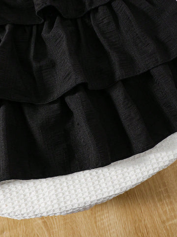 Girls' Casual Textured Layered Cake Hem Slip Dress, Versatile Street-To-Beach Wear