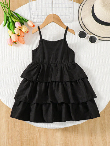 Girls' Casual Textured Layered Cake Hem Slip Dress, Versatile Street-To-Beach Wear