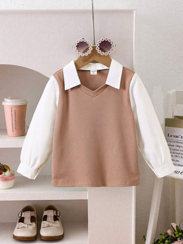 Girls Casual Textured Patchwork Button Down Shirt, Fashionable And Chic For Spring & Autumn