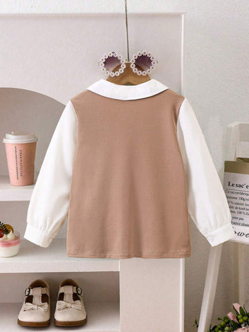 Girls Casual Textured Patchwork Button Down Shirt, Fashionable And Chic For Spring & Autumn