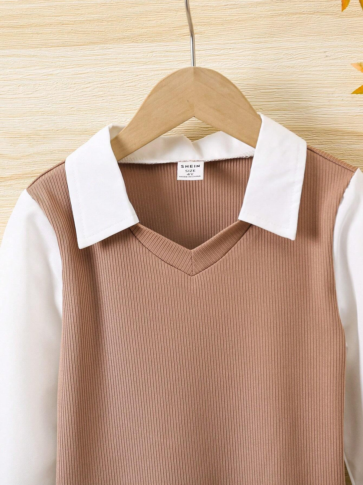 Girls Casual Textured Patchwork Button Down Shirt, Fashionable And Chic For Spring & Autumn