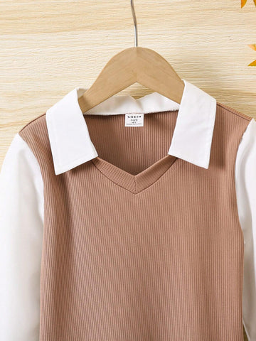 Girls Casual Textured Patchwork Button Down Shirt, Fashionable And Chic For Spring & Autumn