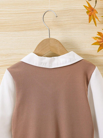 Girls Casual Textured Patchwork Button Down Shirt, Fashionable And Chic For Spring & Autumn