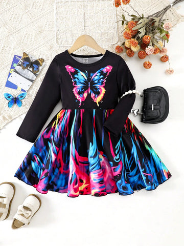 Girls Casual Tie-Dye Butterfly Print Long Sleeve Dress, Spring&Autumn