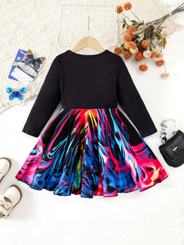 Girls Casual Tie-Dye Butterfly Print Long Sleeve Dress, Spring&Autumn
